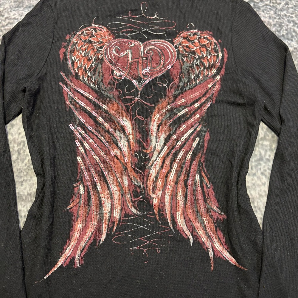 VTG Y2K Harley Davison Henley Thermal Shirt Long Sleeve Womens Large Wings Biker - Picture 4 of 8